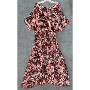 Roamans Dress 26/28 Pink Maxi Short Sleeve Floral Tie Waist Summer Career Office